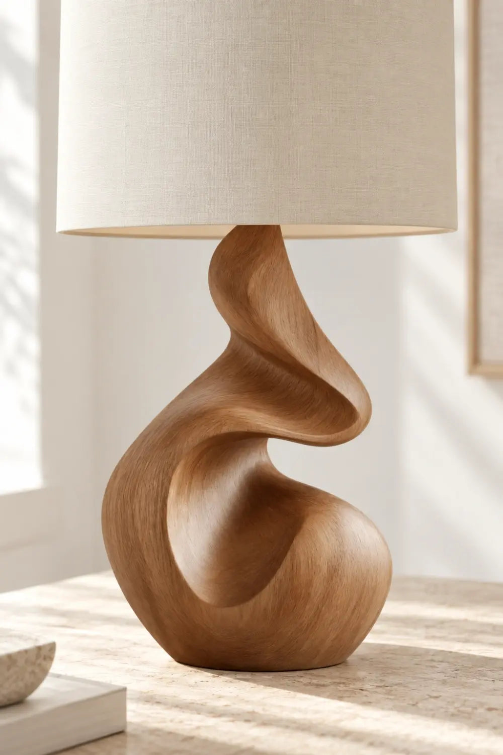 Organic Sculptural Wooden Table Lamp | Fluid Curved Wood Base Ambient Lighting