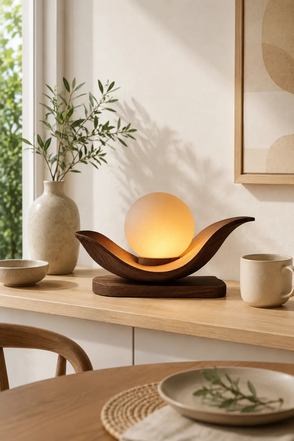 Minimalist Wooden Cradle Desk Lamp | Horizontal Sphere Tray Accent Light | Cozy Space Gift