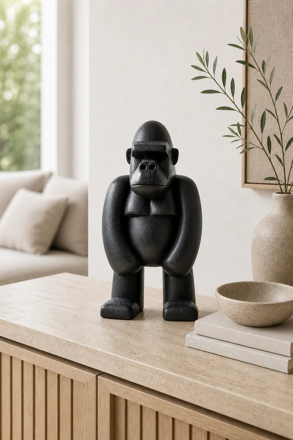 Hand-Carved Black Gorilla Wood Sculpture For Modern Home Decor Abstract Animal Art Piece