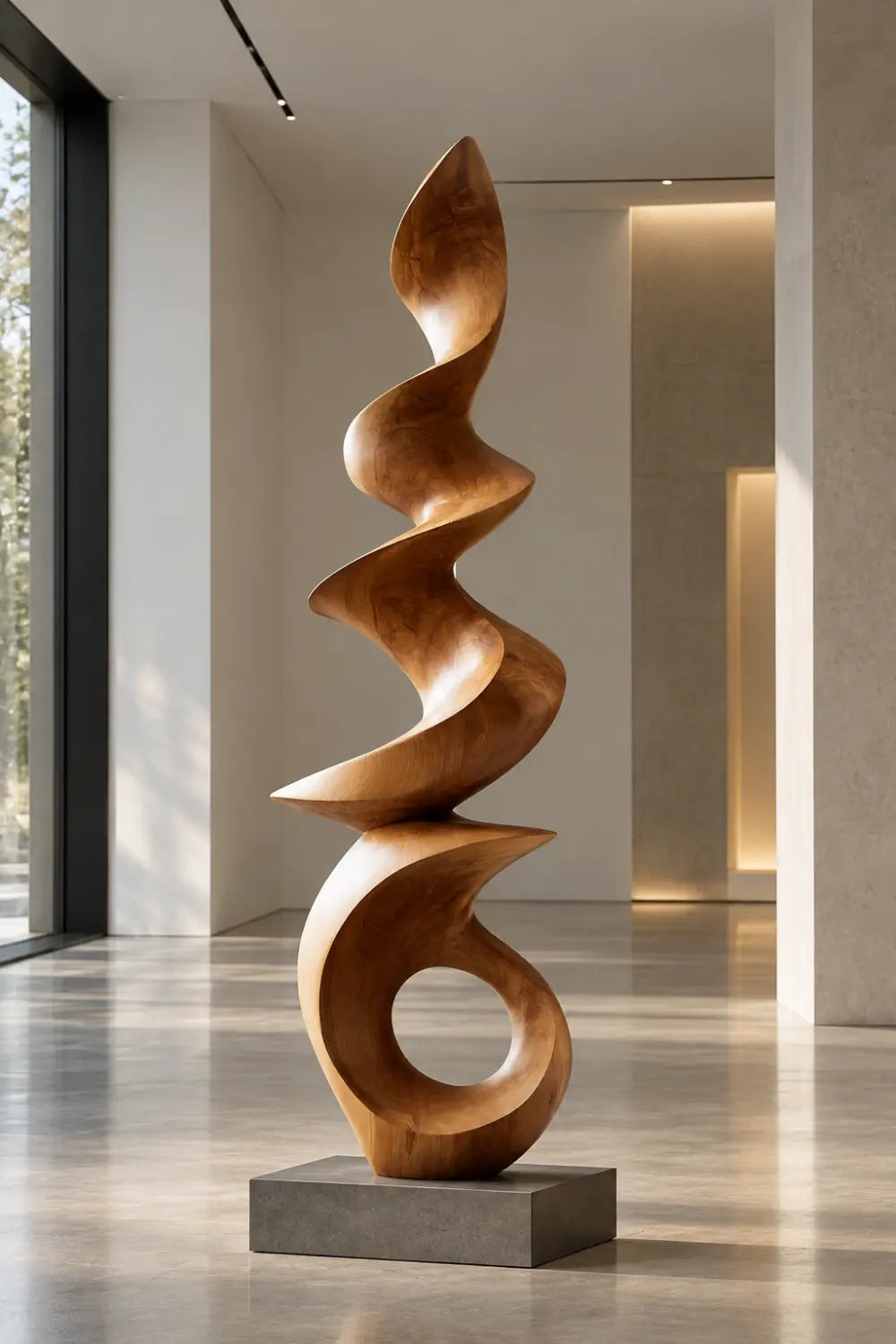 Large Spiral Wood Floor Sculpture | Abstract Open Ring Statue For Living Space