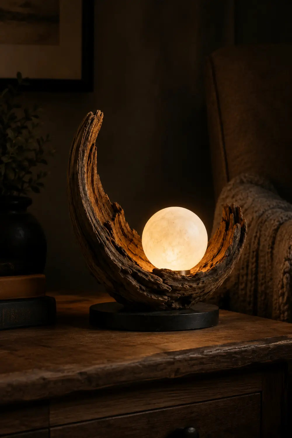 Abstract Wooden Sculpture Lamp Crescent Shape With Warm Light For Living Room