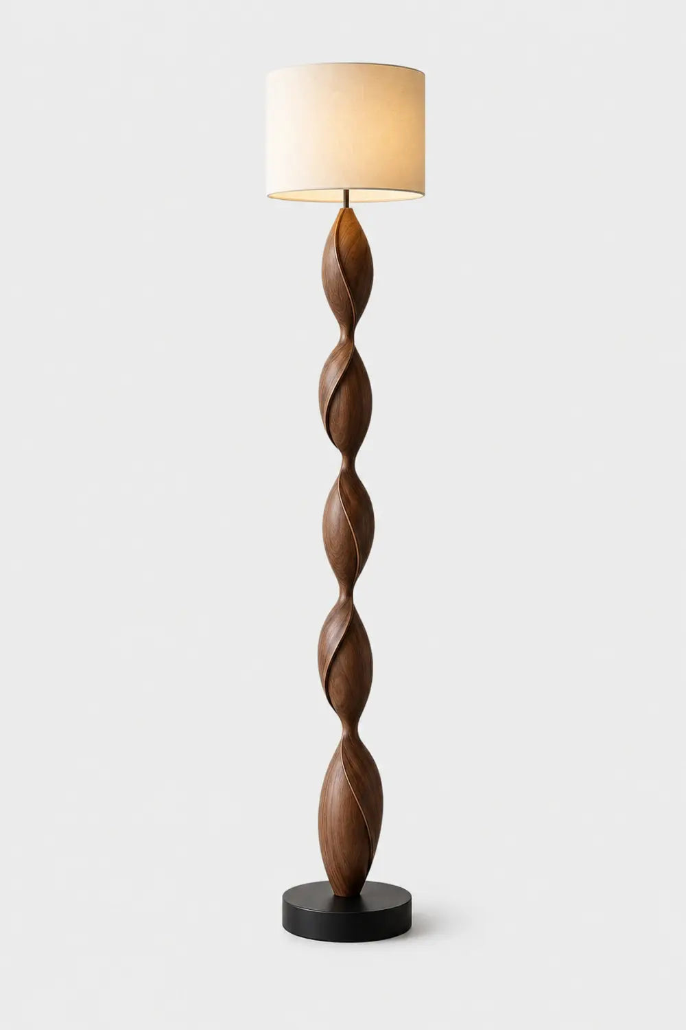 Hand Carved Walnut Wood Floor Lamp With Organic Spiral Form And Warm Glow