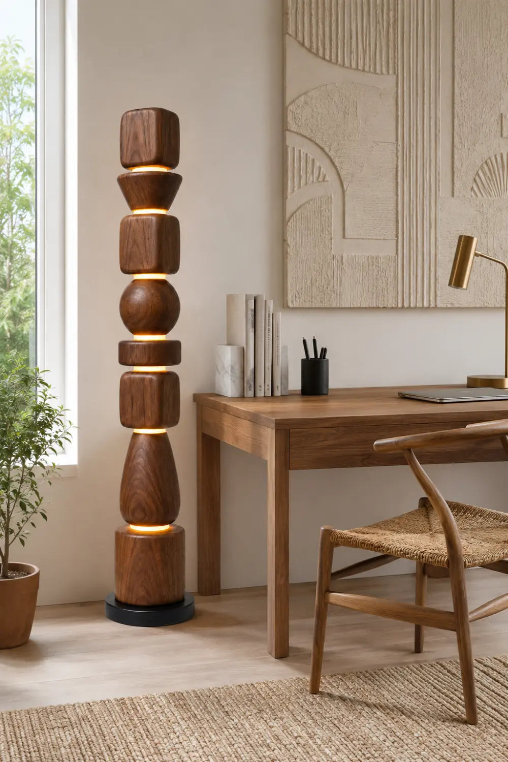 Sculptural Wooden Lamp Abstract Geometric Totem Style Lighting Fixture For Luxury Home Interiors