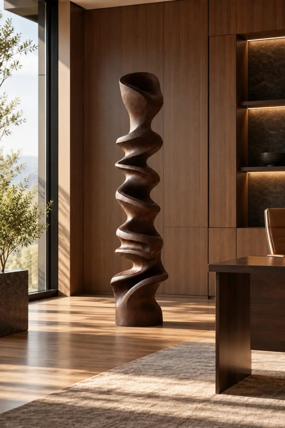 Large Abstract Walnut Wood Floor Sculpture Modern Spiral Form
