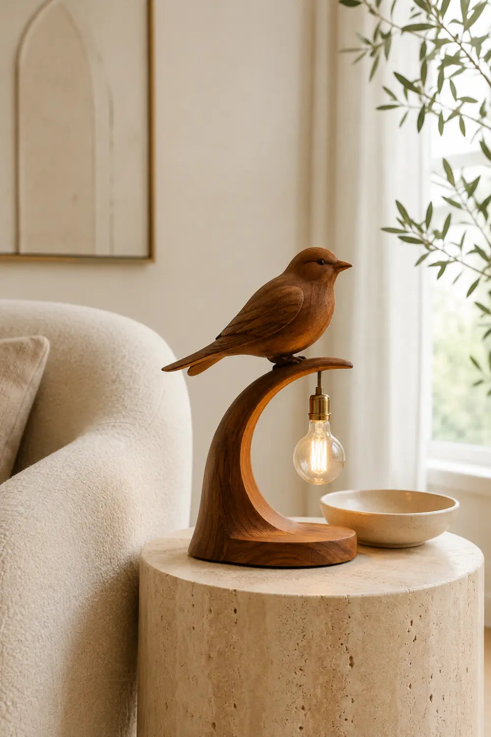 Hand Carved Walnut Bird Table Lamp Modern Organic Lighting Decor