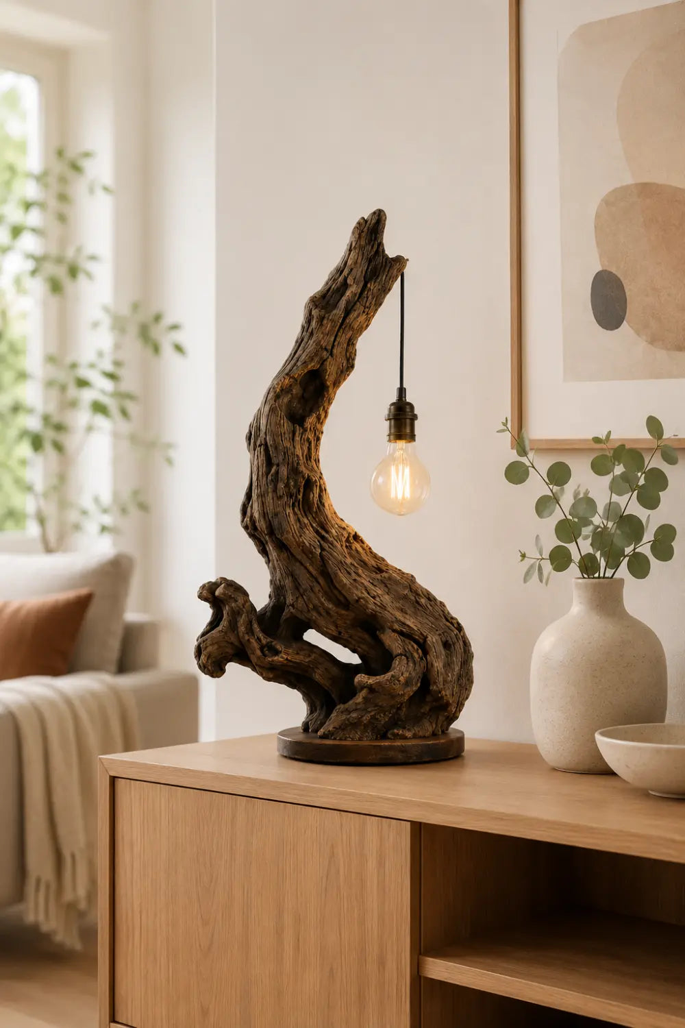 Natural Reclaimed Wood Log Table Lamp | Exposed Filament Bulb Lantern For Space Decor