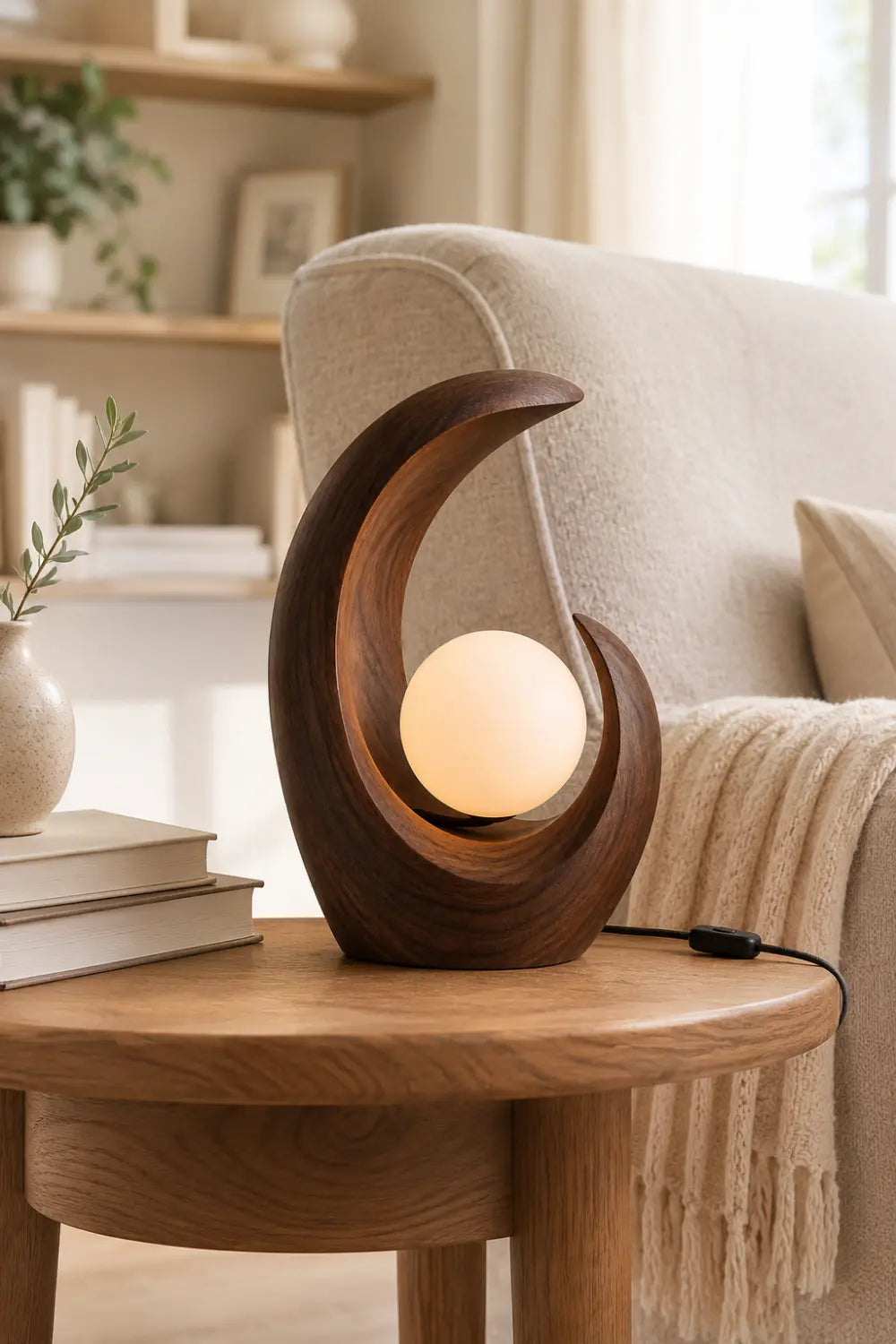 Modern Crescent Wood Table Lamp | Abstract Curved Wave Desk Light For Space Decor