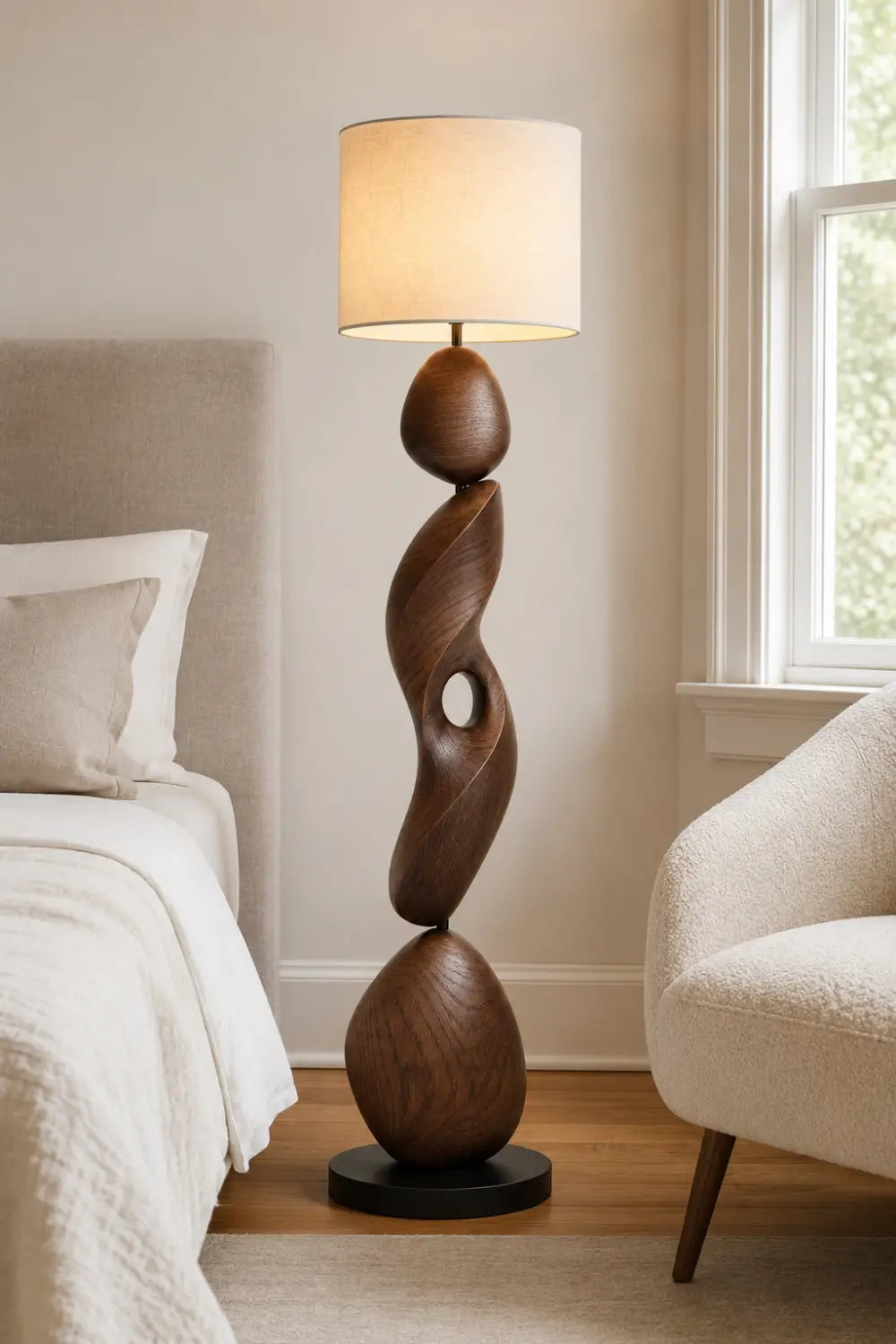 Sculptural Spiral Wood Floor Lamp Modern Abstract Walnut Design For Living Room