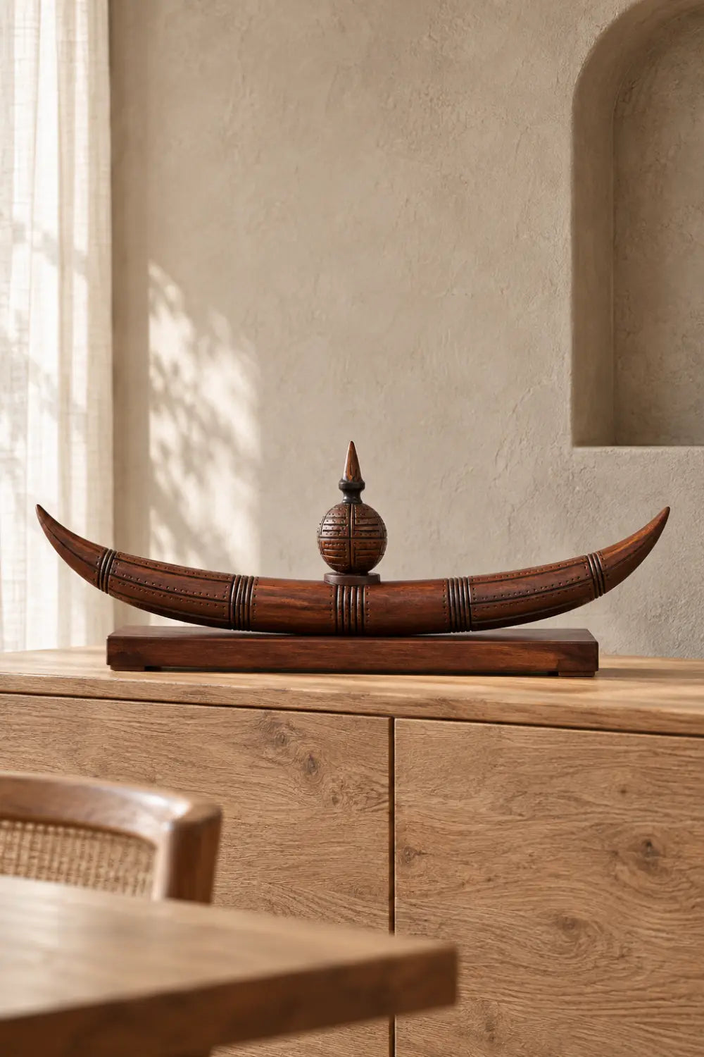 Abstract Tribal Moon Sculpture Wooden Artwork With Central Sphere For Contemporary Interiors