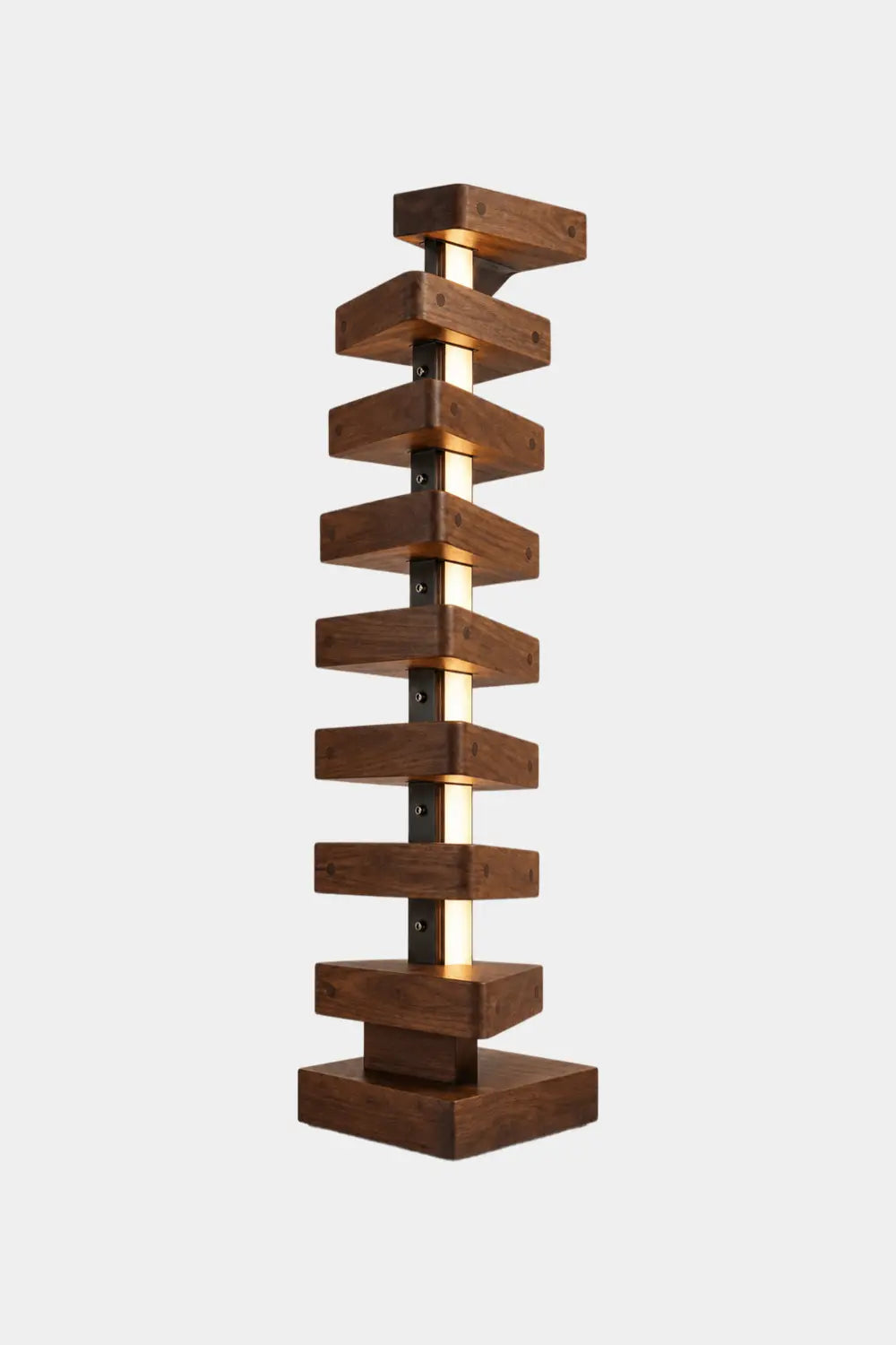 Handcrafted Solid Wood Floor Lamp With Geometric Stacked Design And LED