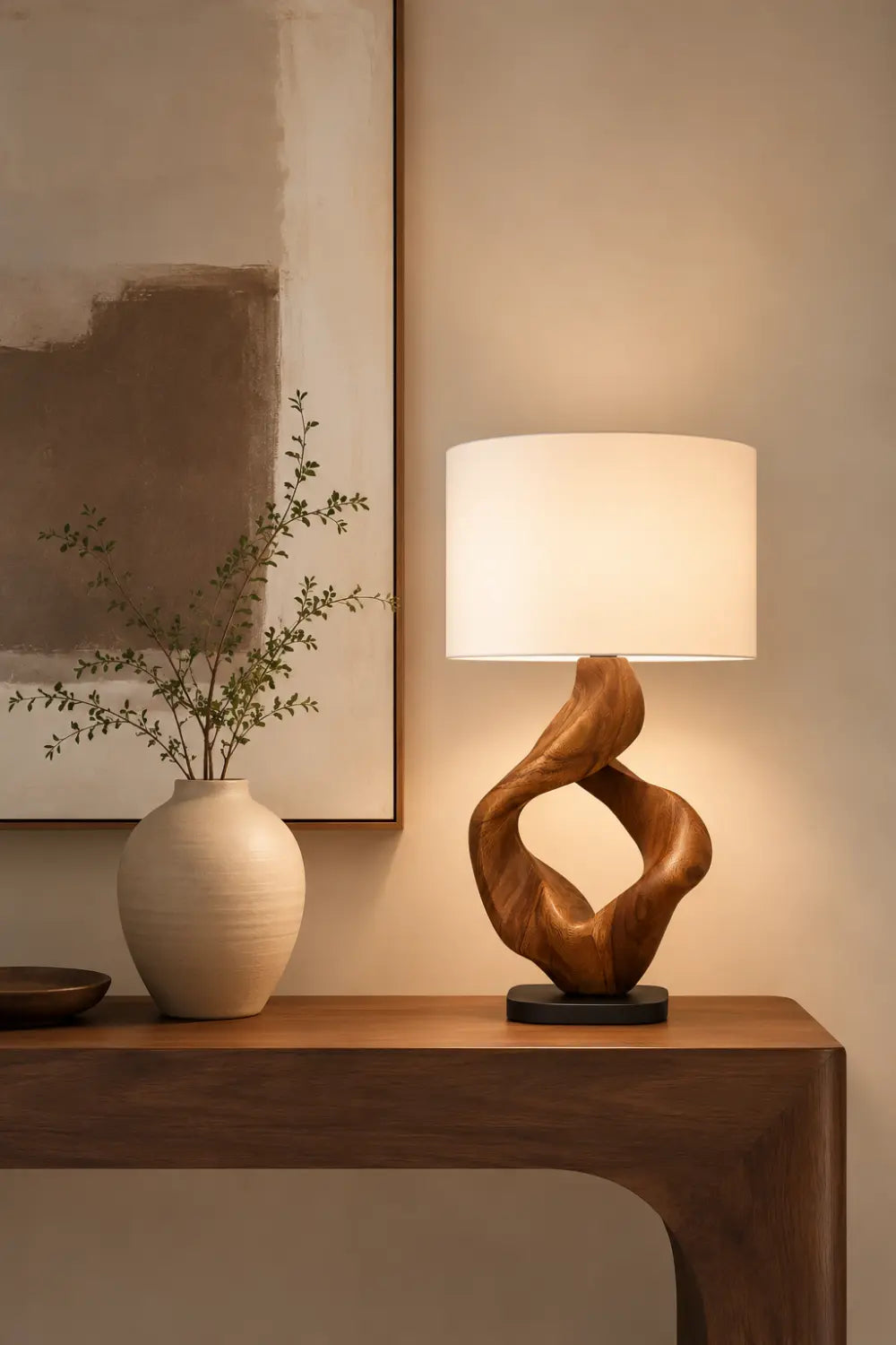 Modern Abstract Wooden Table Lamp With Twisted Walnut Base For Living Room Decor