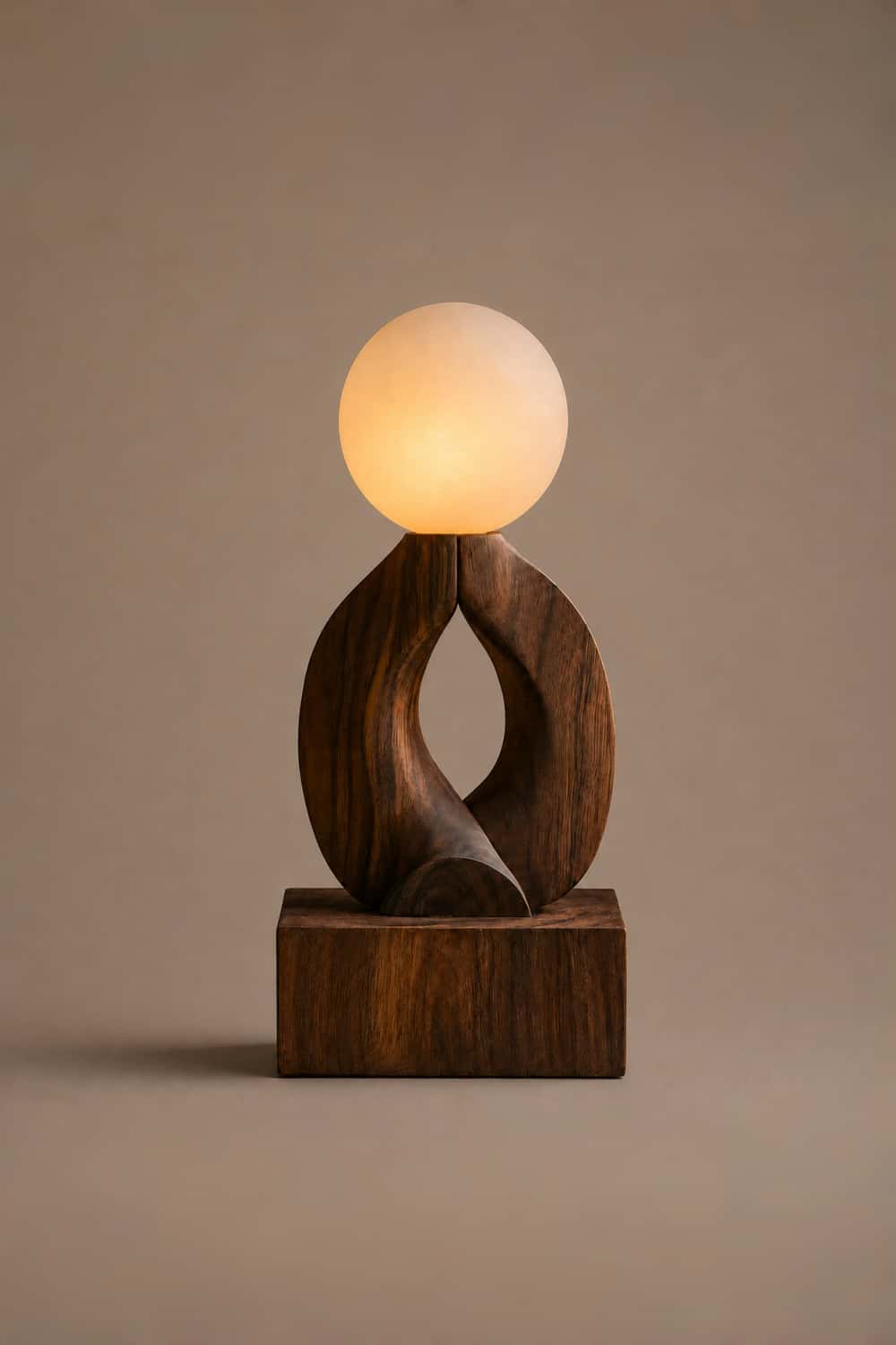 Hand Carved Wooden Art Lamp Sculptural Lighting Fixture Natural Walnut Finish Home Accent
