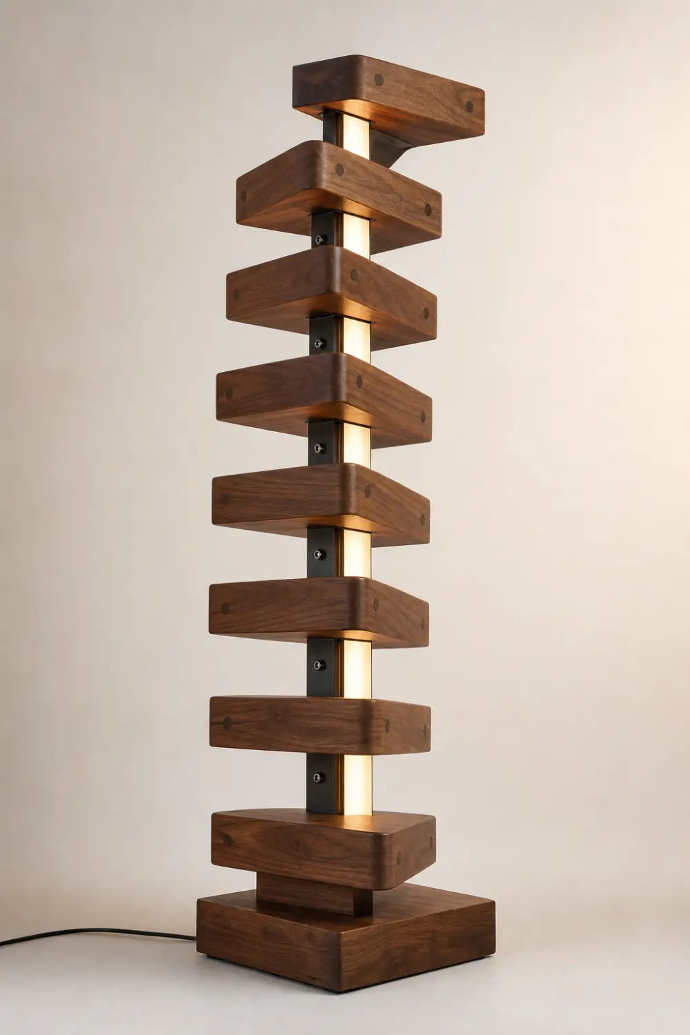 Handcrafted Solid Wood Floor Lamp With Geometric Stacked Design And LED