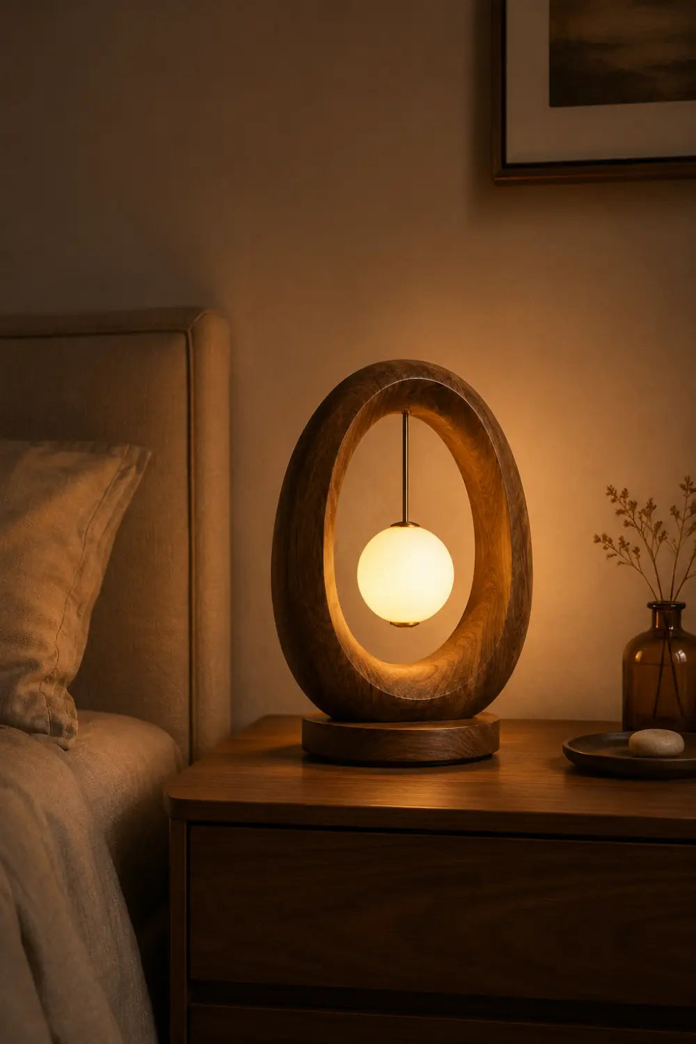 Minimalist Oval Wood Table Lamp | Elliptical Hanging Orb Desk Light For Space Decor
