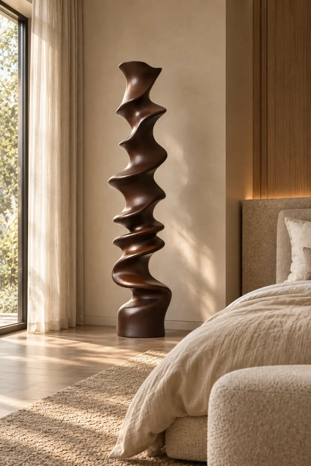 Large Abstract Walnut Wood Floor Sculpture For Modern Home Decor And Living Room Accent