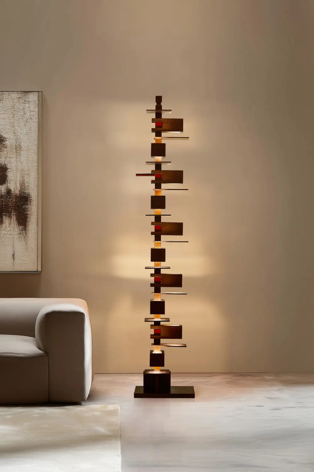 Large Modern Wooden Floor Lamp Abstract Geometric Totem Design For Living Room