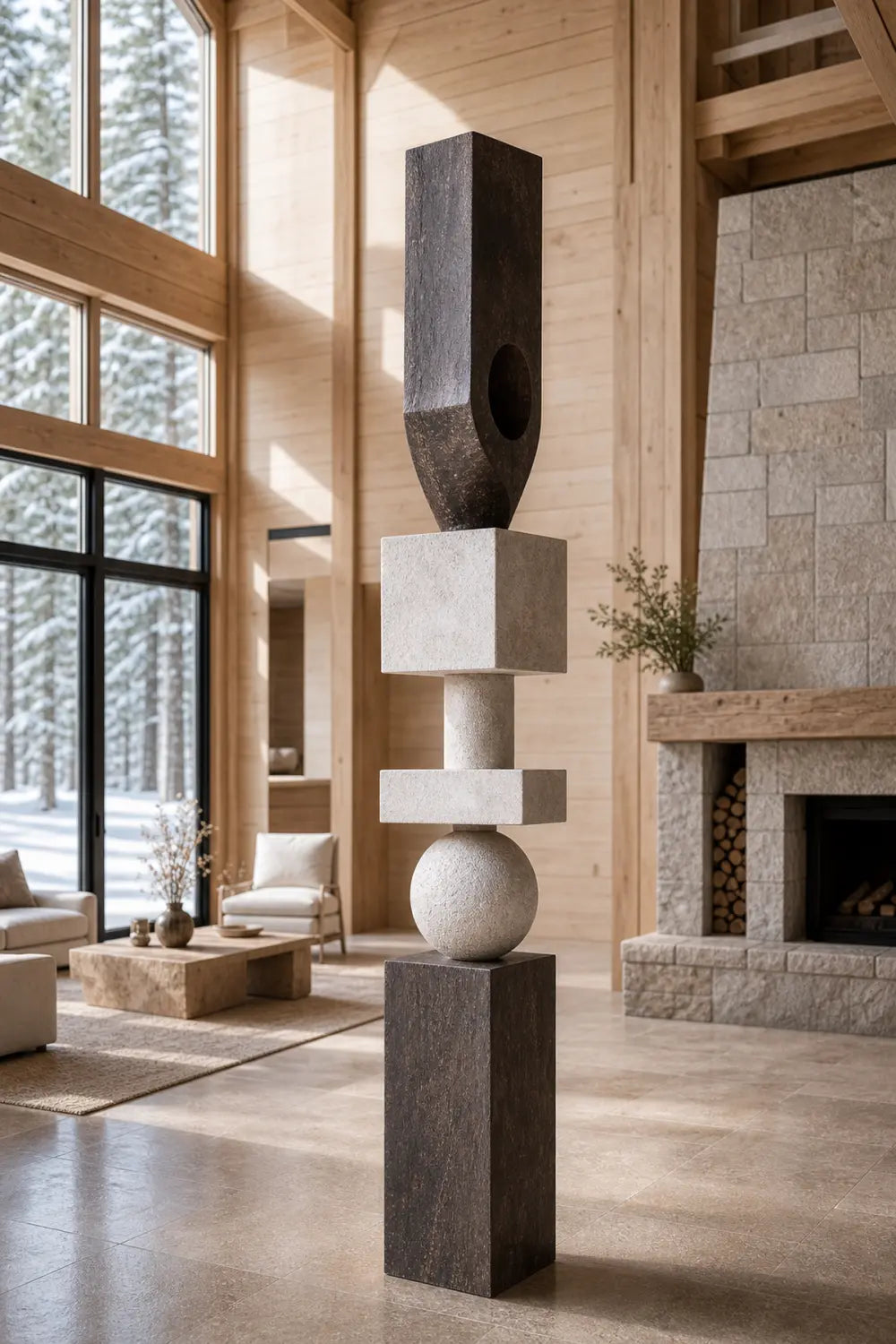 Large Abstract Wooden Sculpture For Modern Minimalist Living Room Decor And Art