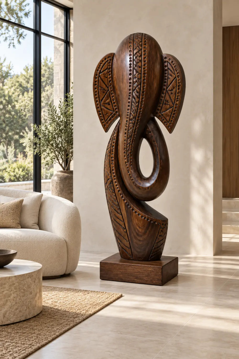 Carved Wooden Elephant Floor Sculpture | Large Standing Statue For Living Space
