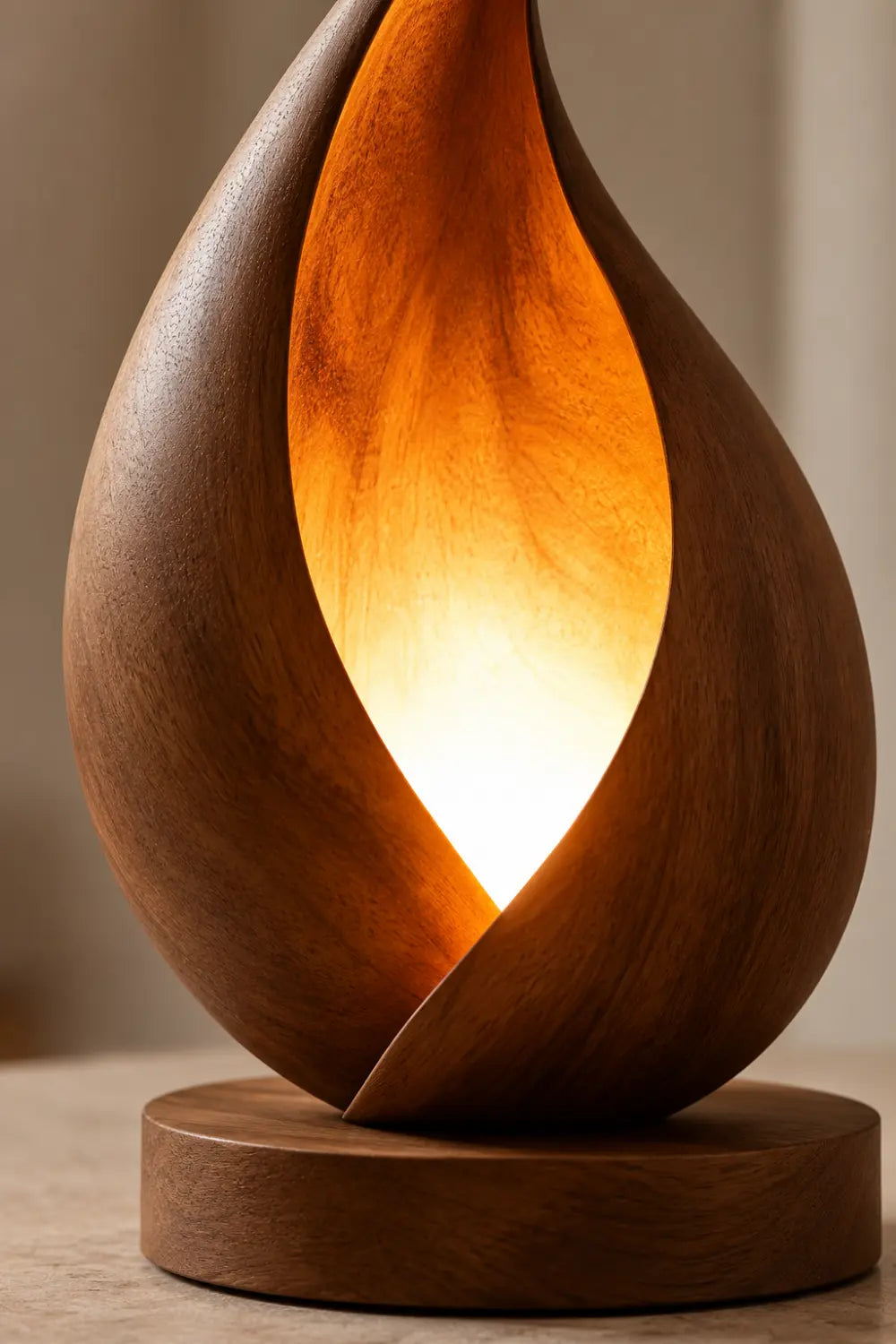 Sculptural Flame Wood Table Lamp | Aesthetic Ambient Light For Living Space
