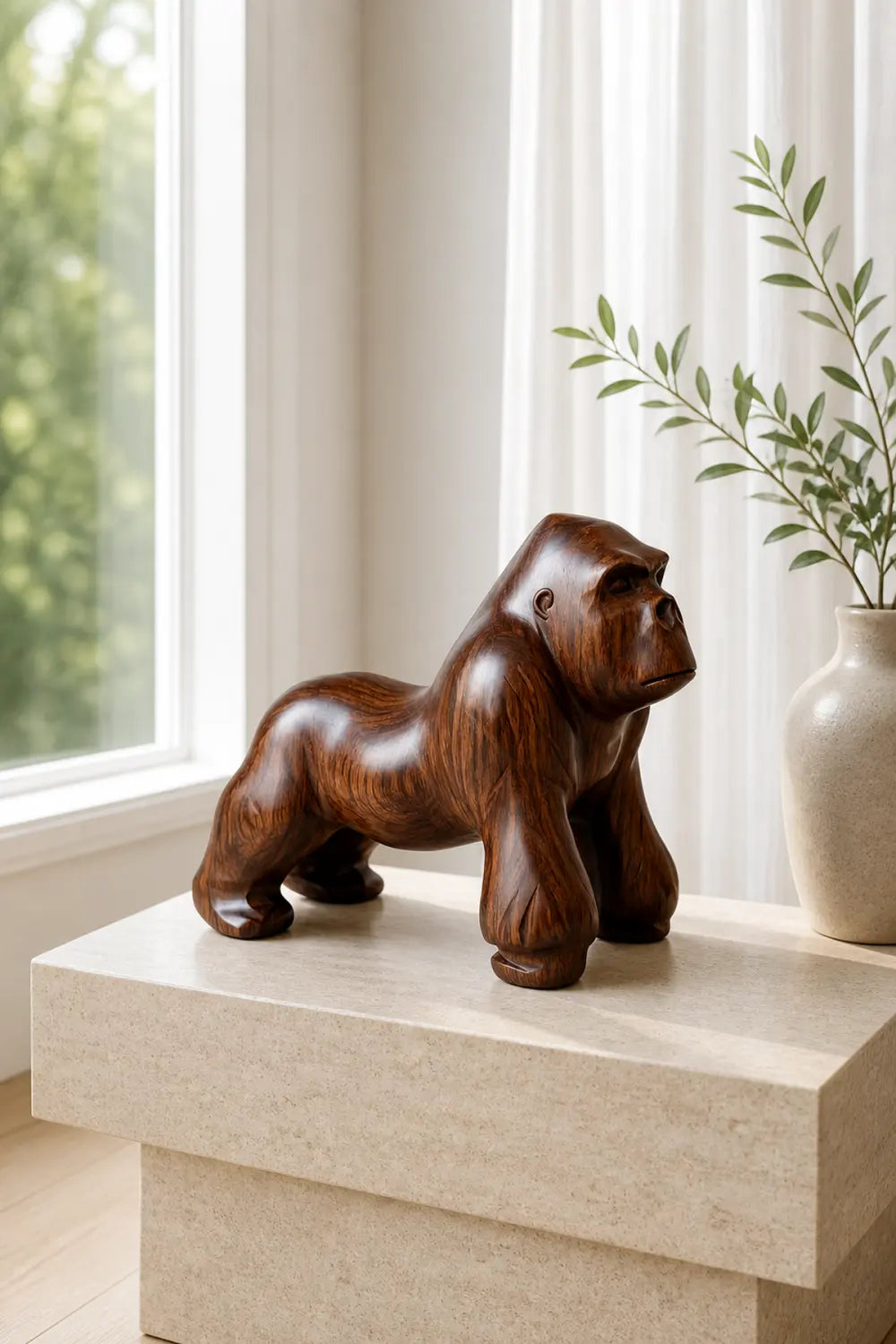 Hand-Carved Walnut Gorilla Sculpture - Realistic Animal Wood Statue For Home Decor