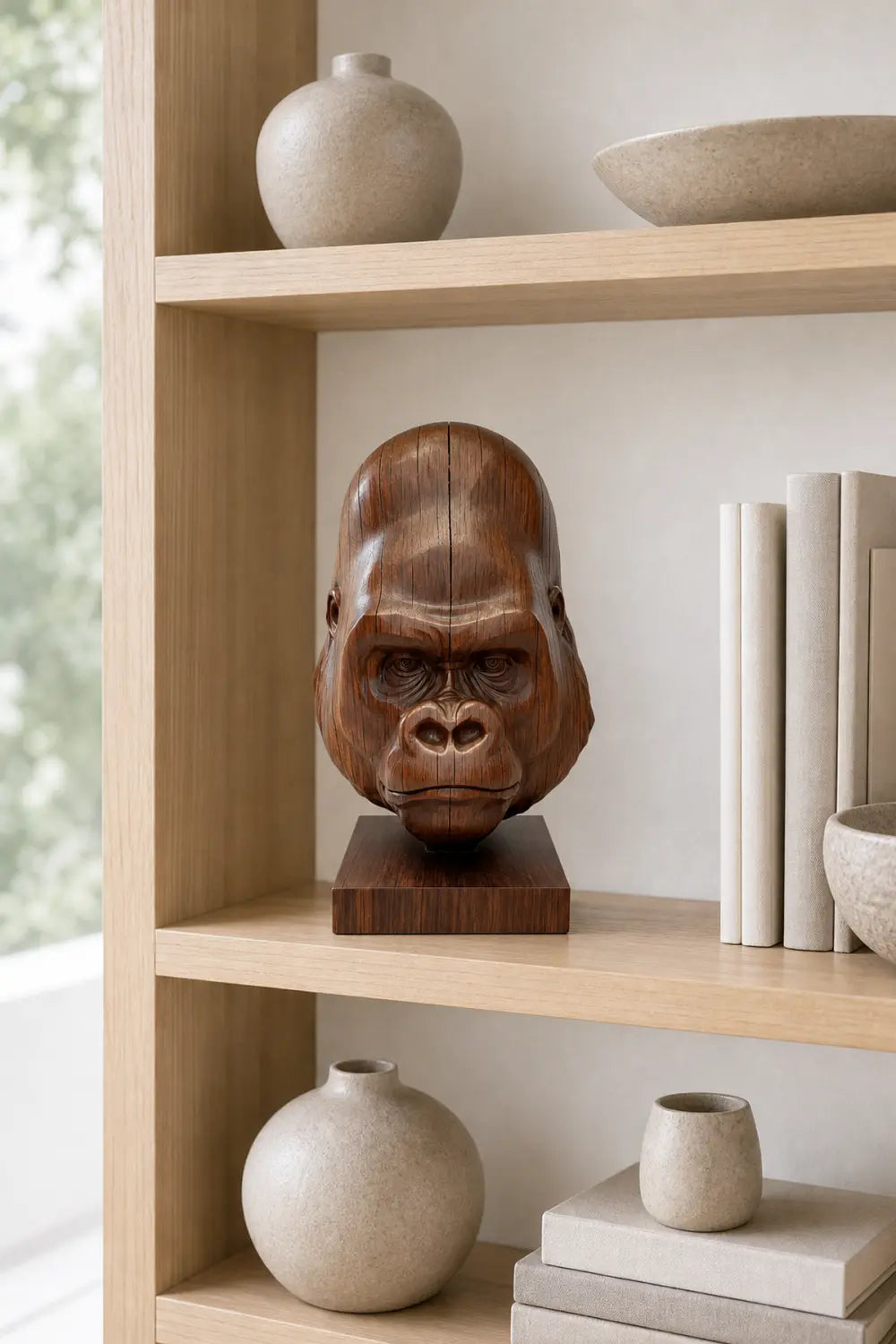 Hand Carved Walnut Gorilla Head Sculpture For Modern Home Decor And Shelf Display