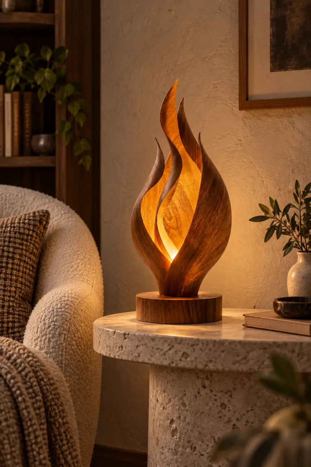 Abstract Wooden Flame Table Lamp Hand Carved Walnut Desk Light For Modern Home Decor