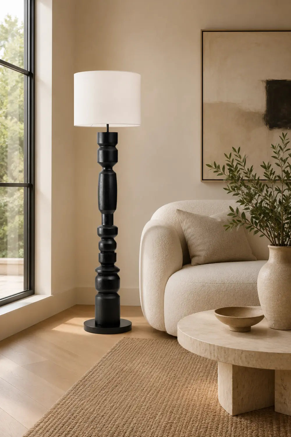 Sculptural Wooden Floor Lamp In Matte Black Finish With Abstract Form For Contemporary Homes