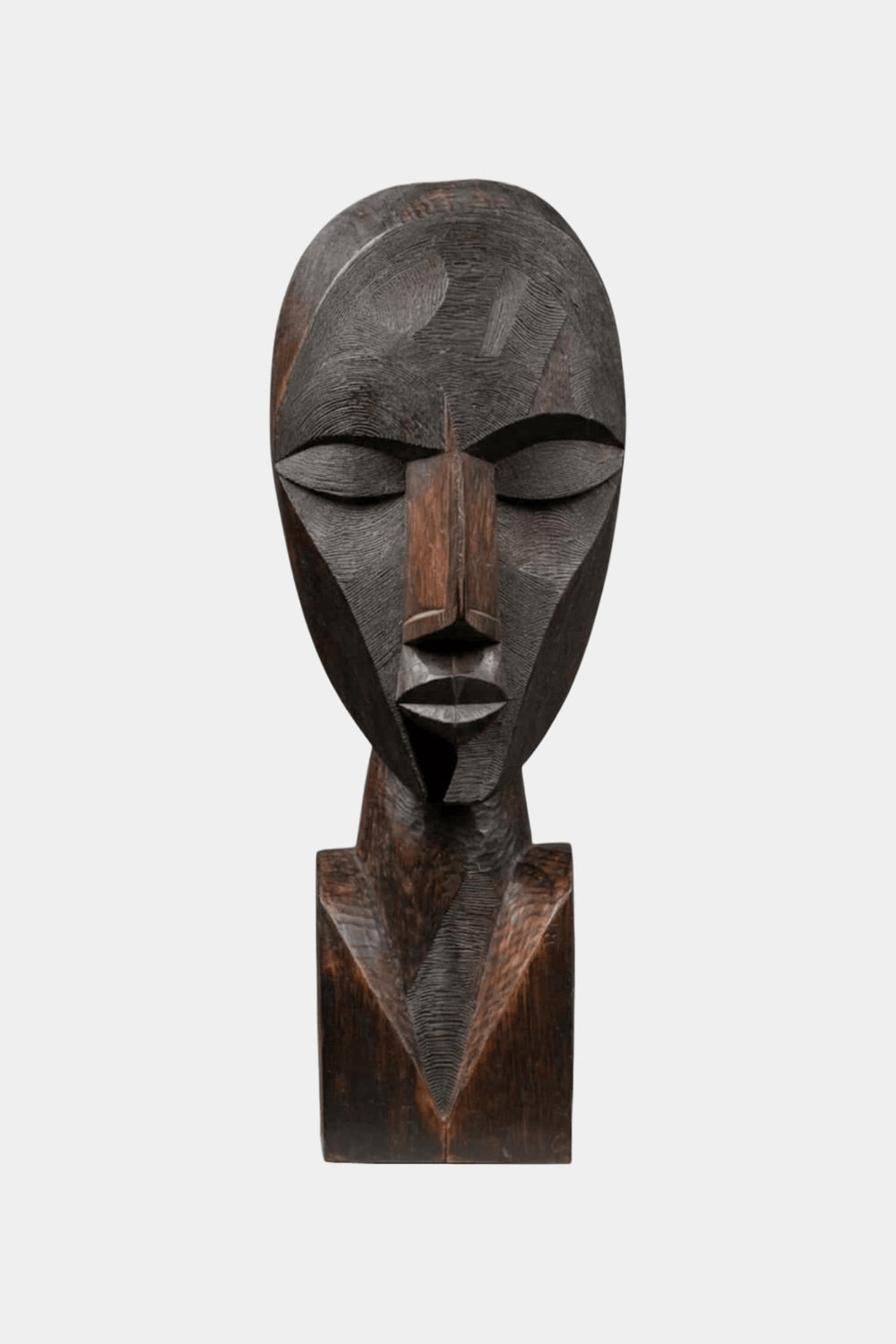 African Tribal Geometric Wooden Head Sculpture – Hand-Carved Ethnic Art Décor