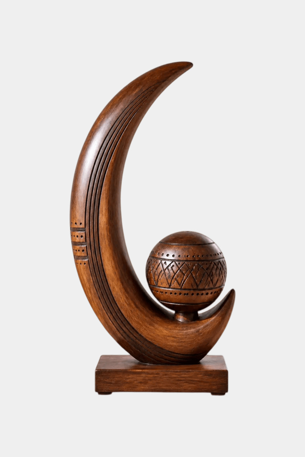 Artisan Carved Wooden Sculpture Abstract Sphere And Crescent Tabletop Art