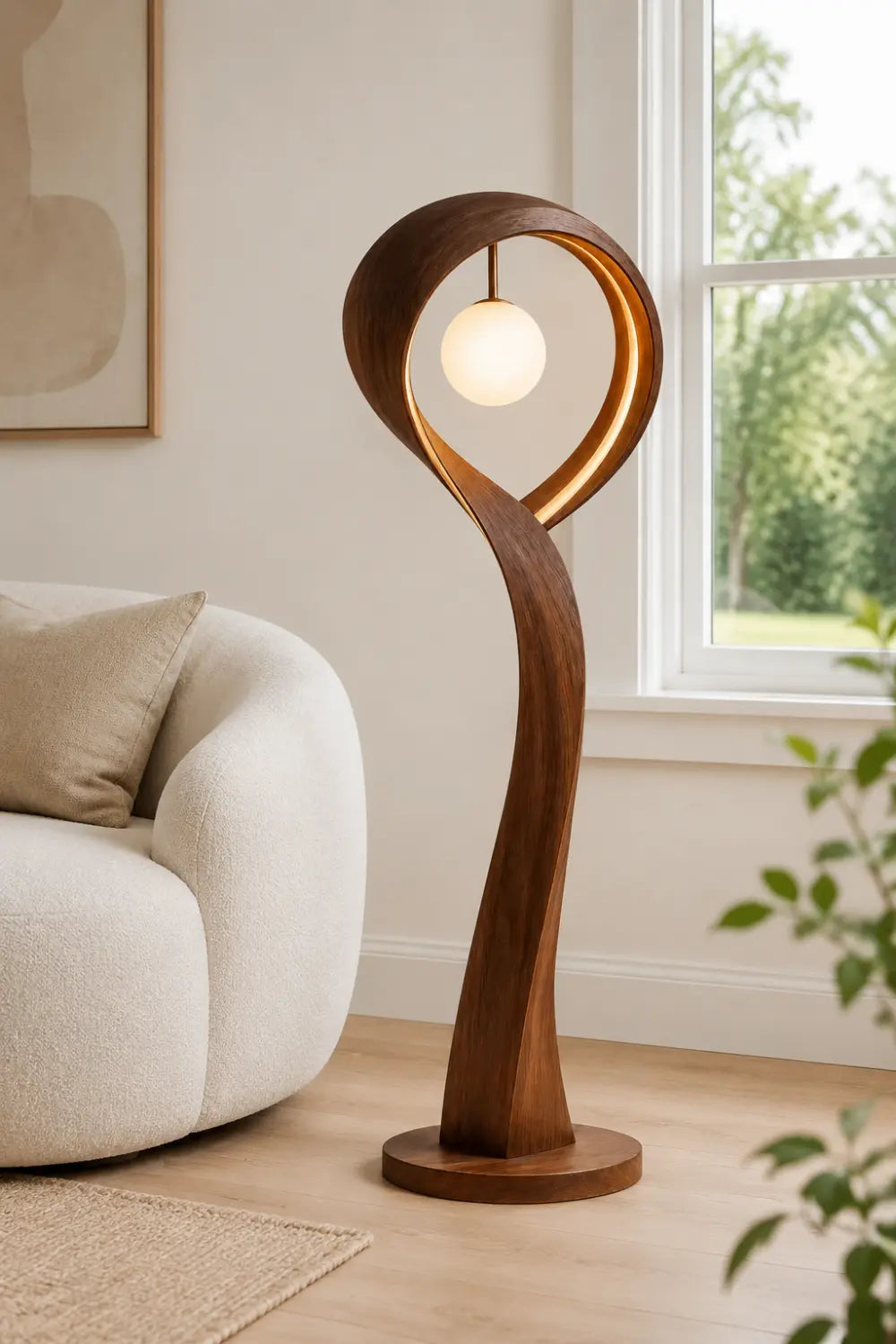 Handcrafted Wooden Floor Lamp With Abstract Curve Design For Contemporary Living Rooms And Bedrooms Decor