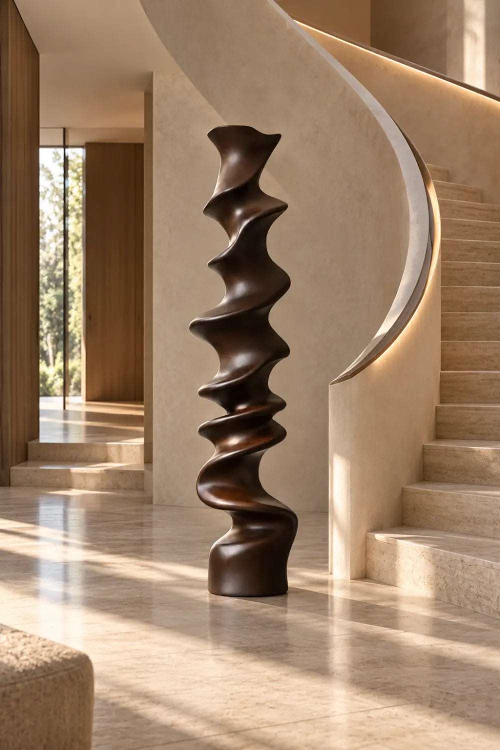 Large Abstract Walnut Wood Floor Sculpture For Modern Home Decor And Living Room Accent