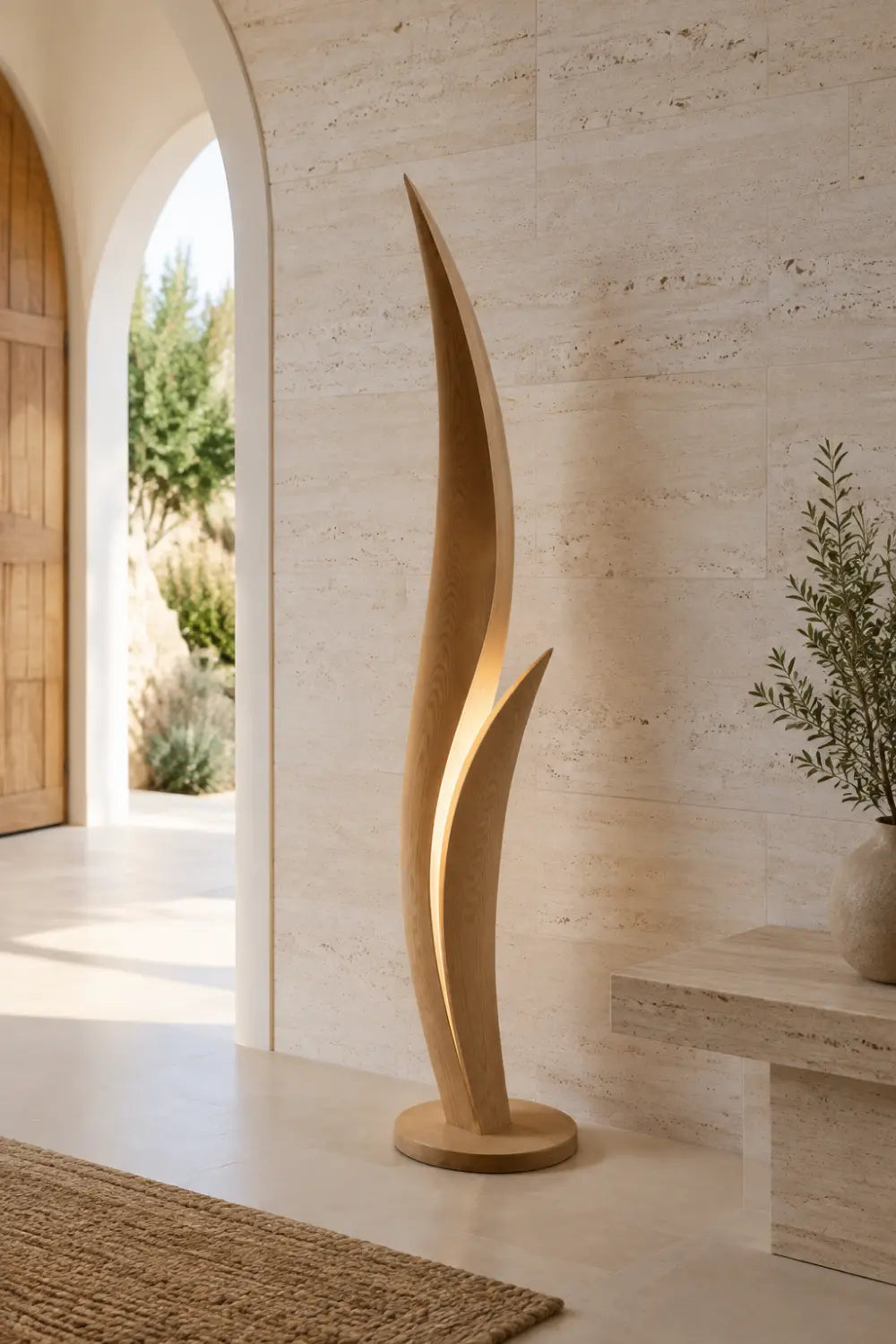 Modern Wooden Floor Lamp With Sculptural Curves And Warm Ambient Glow For Contemporary Living Rooms