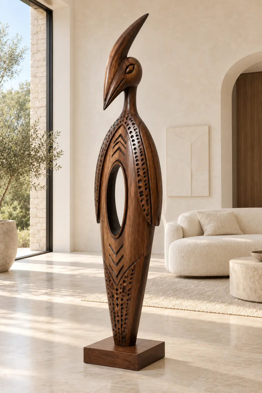 Large Abstract Wooden Bird Statue Modern Floor Sculpture For Home Office