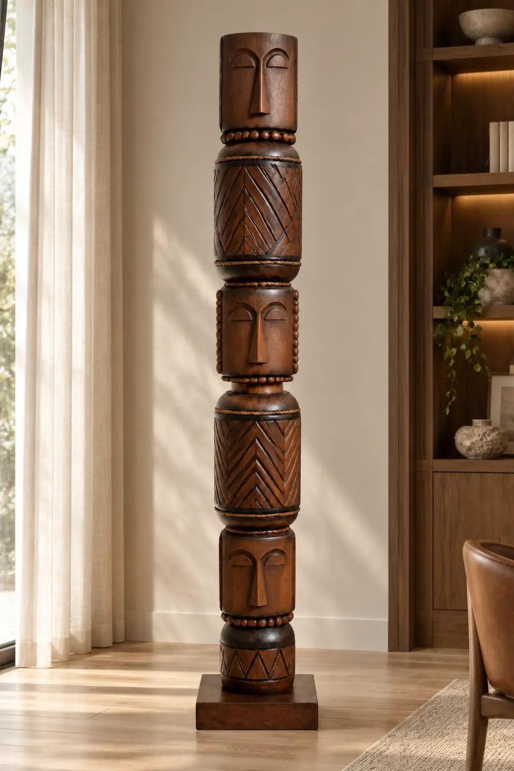 Hand Carved African Tribal Large Wood Sculpture Totem Floor Statue For Modern Home Decor