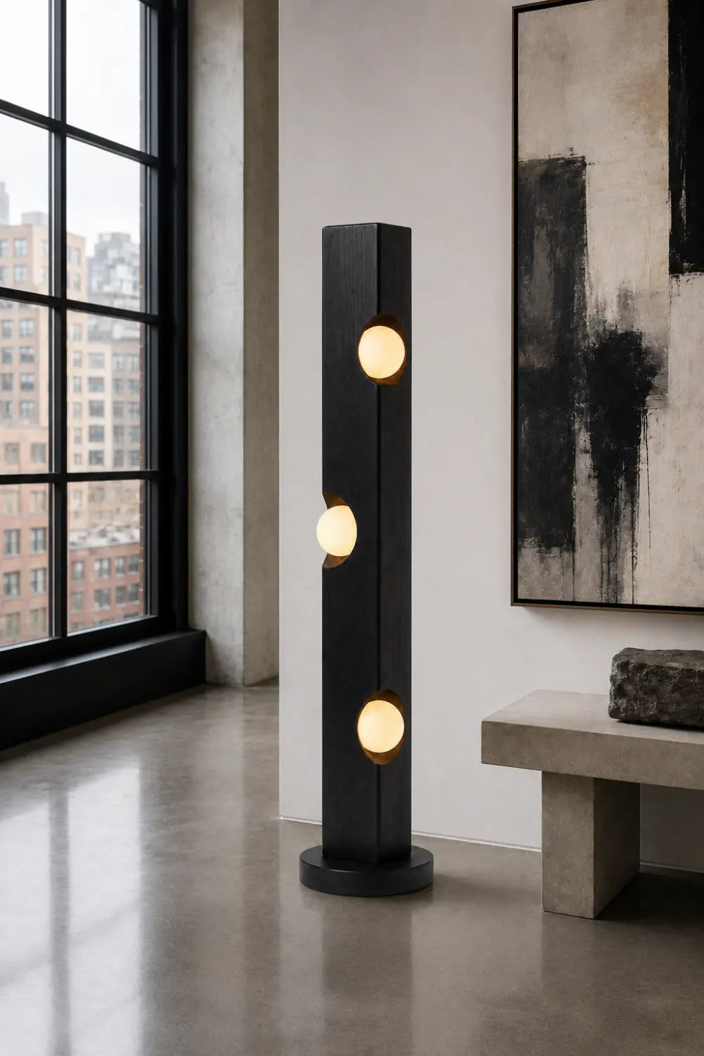 Sculptural Wooden Floor Lamp Abstract Black Timber Light Fixture For Art Gallery Style Home Interiors
