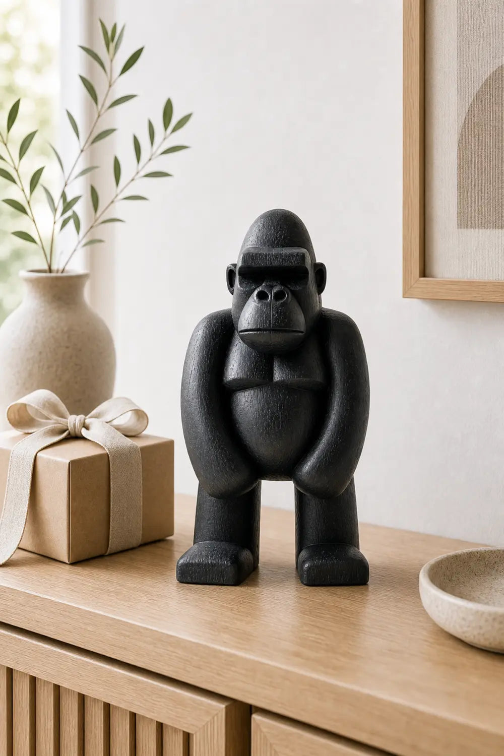 Hand-Carved Black Gorilla Wood Sculpture For Modern Home Decor Abstract Animal Art Piece