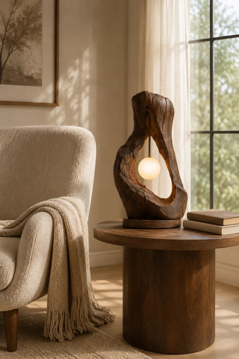 Rustic Raw Wood Cave Table Lamp | Organic Hollow Driftwood Light For Space Decor