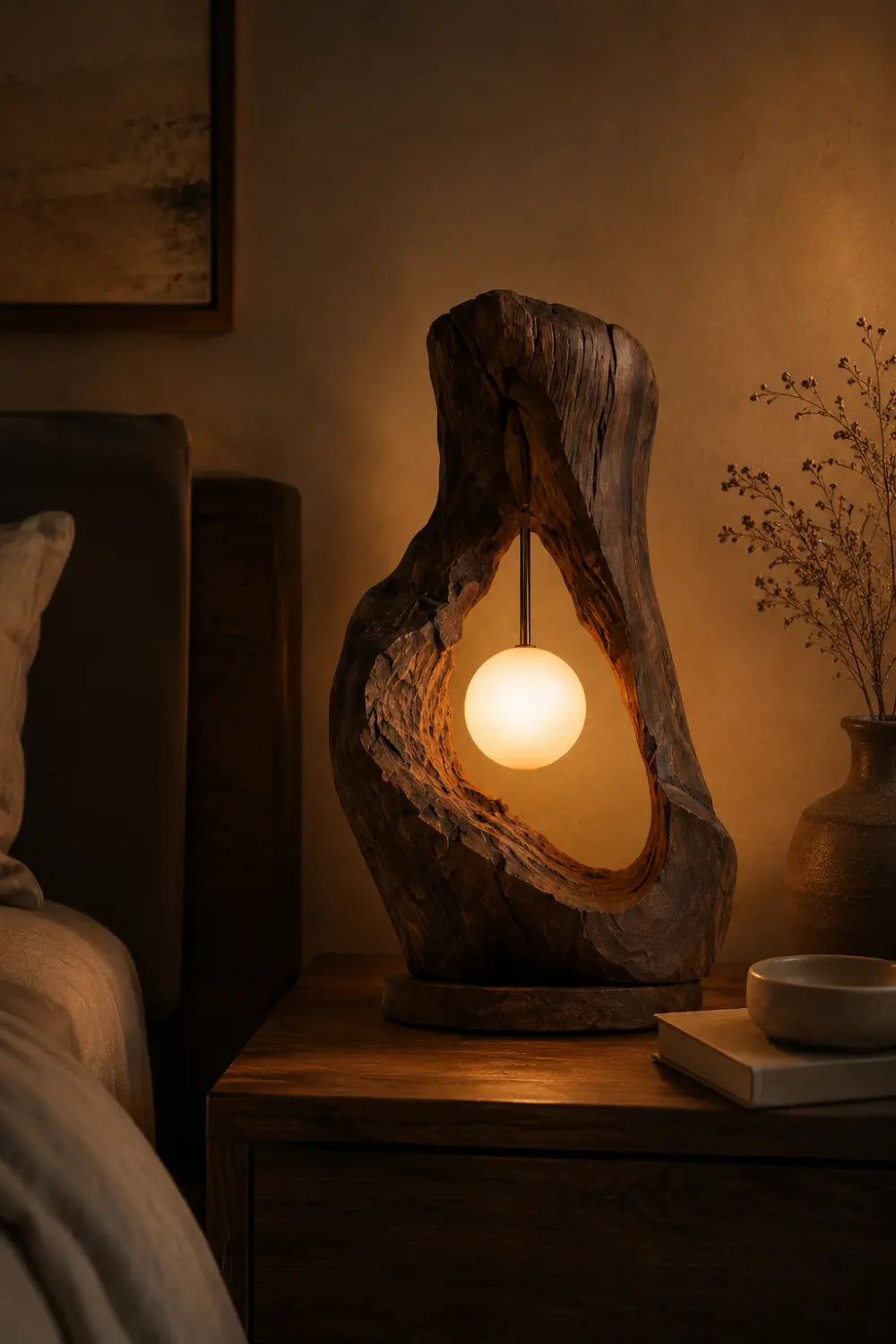 Rustic Raw Wood Cave Table Lamp | Organic Hollow Driftwood Light For Space Decor