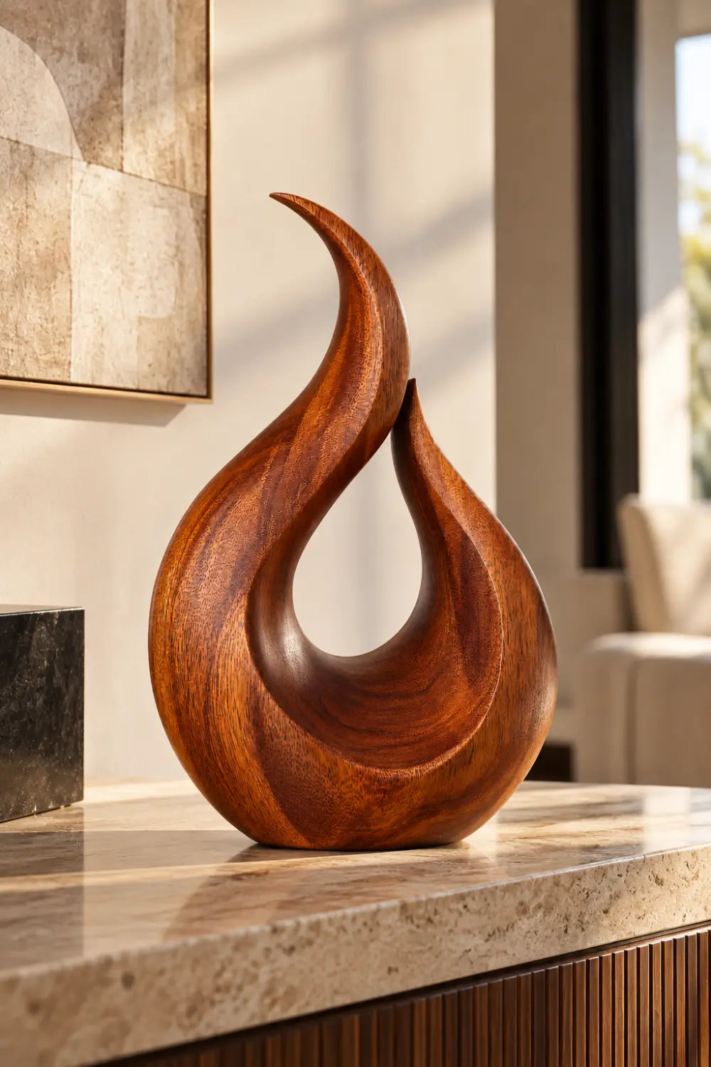 Modern Carved Wooden Flame Sculpture | Abstract Teardrop Fire Art Home Decor