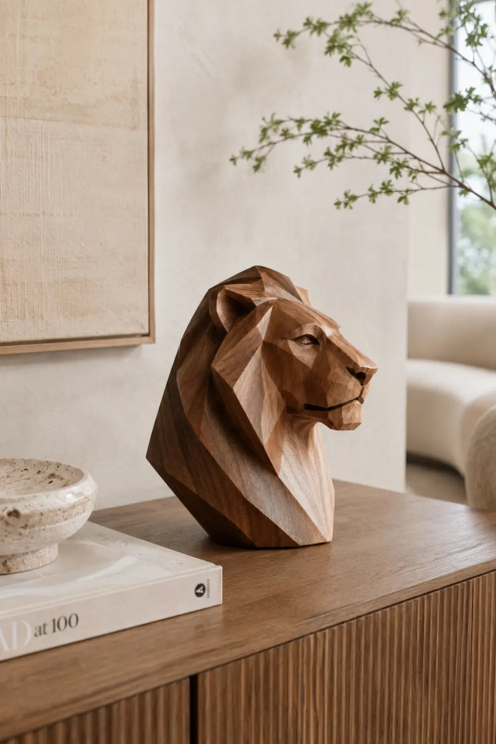 Hand-Carved Geometric Lion Head Sculpture In Walnut Wood For Modern Home Decor