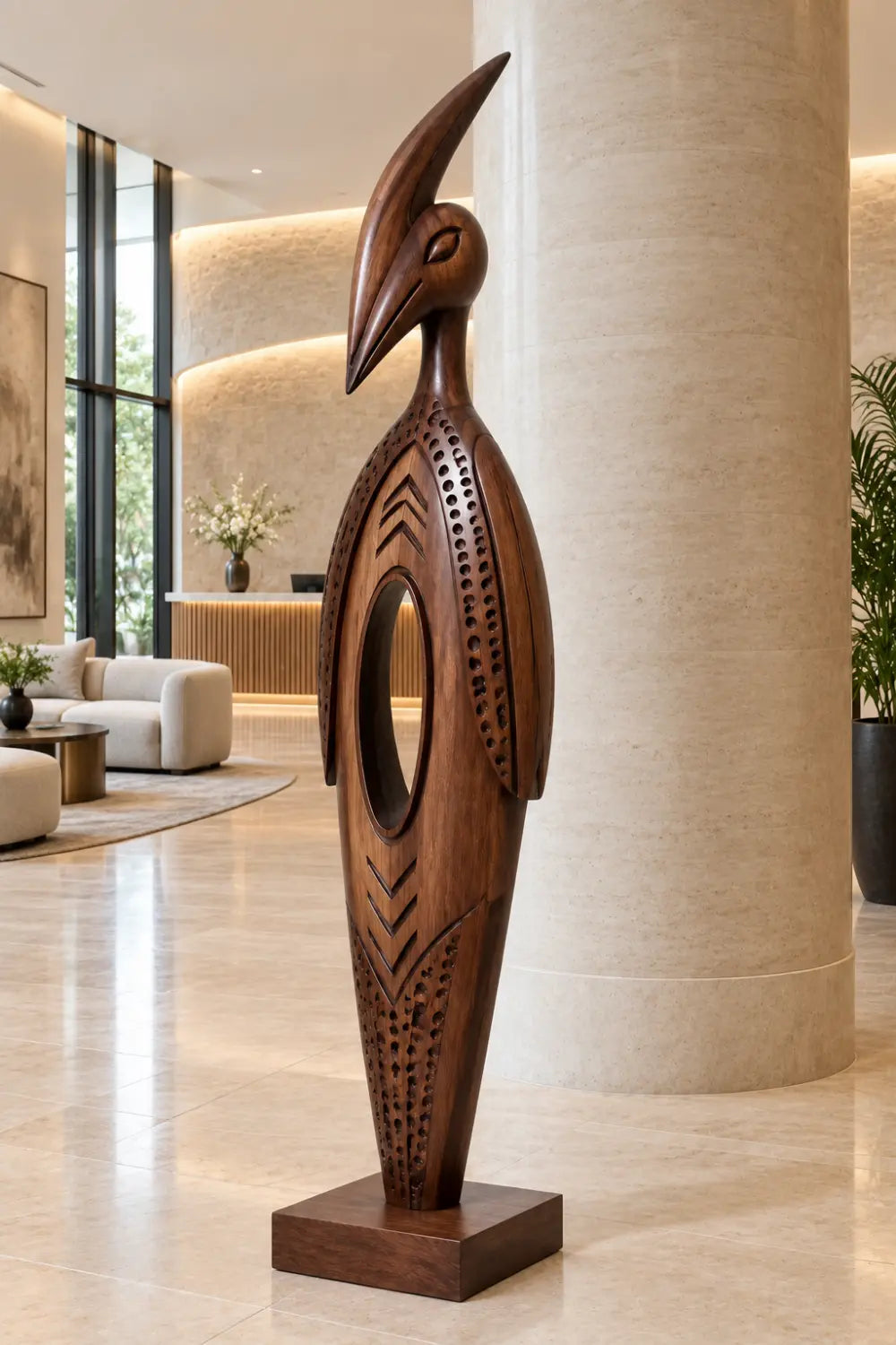 Large Abstract Wooden Bird Statue Modern Floor Sculpture For Home Office
