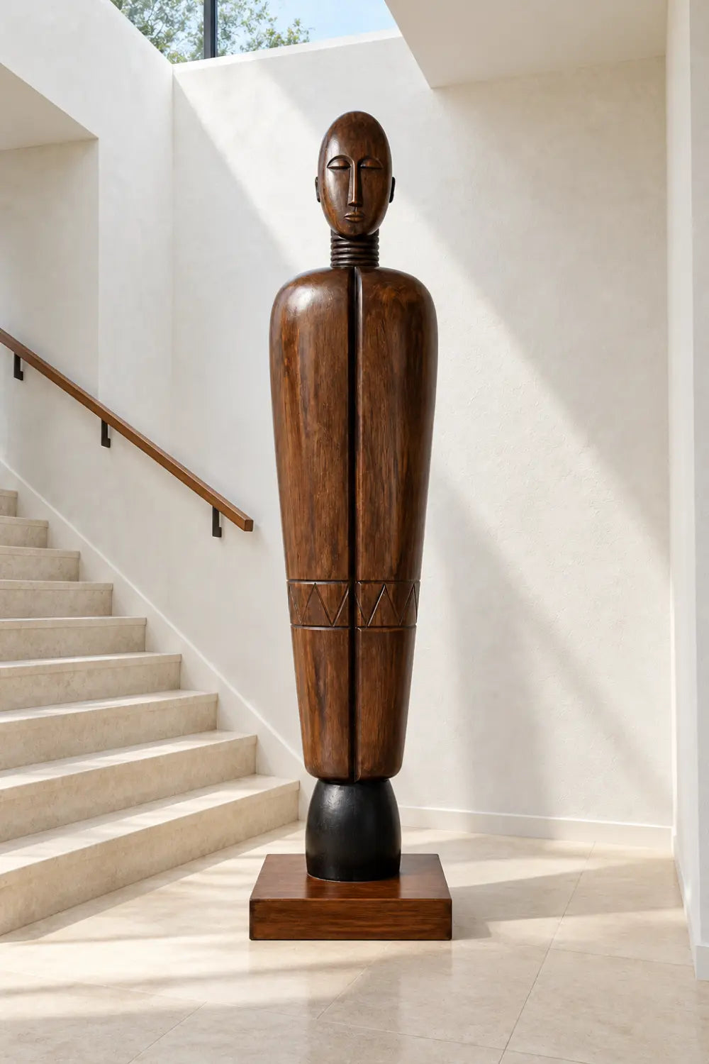 Large Freestanding Wooden Statue Vertical Abstract Human Form Art Piece For Lobby