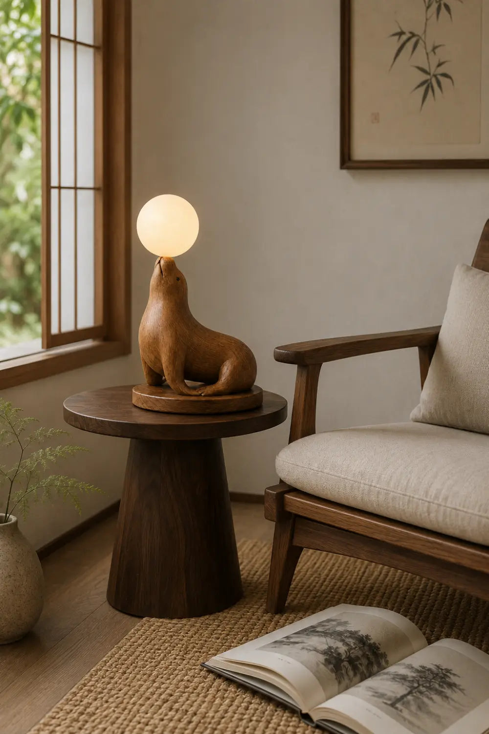 Hand Carved Wooden Seal Lamp With Glowing Orb For Modern Home Decor