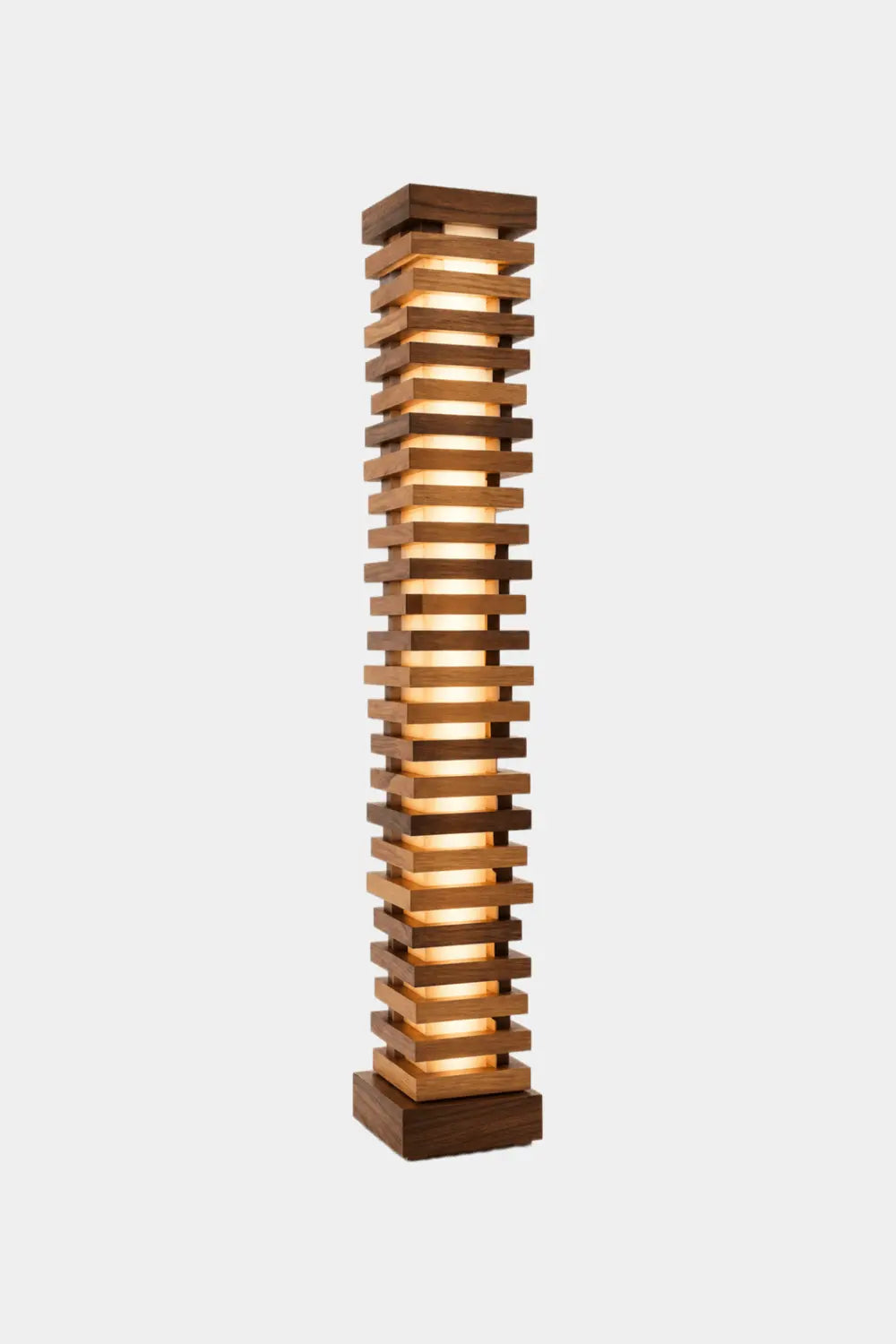 Handcrafted Natural Wood Floor Lamp With Layered Slats And Warm Glow Lighting
