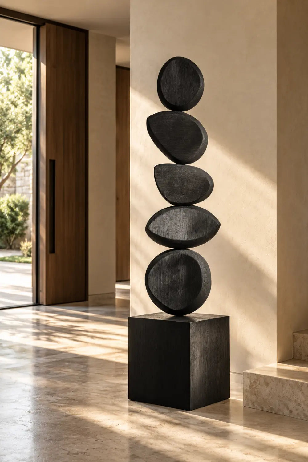 Large Black Abstract Wood Sculpture For Modern Home Decor