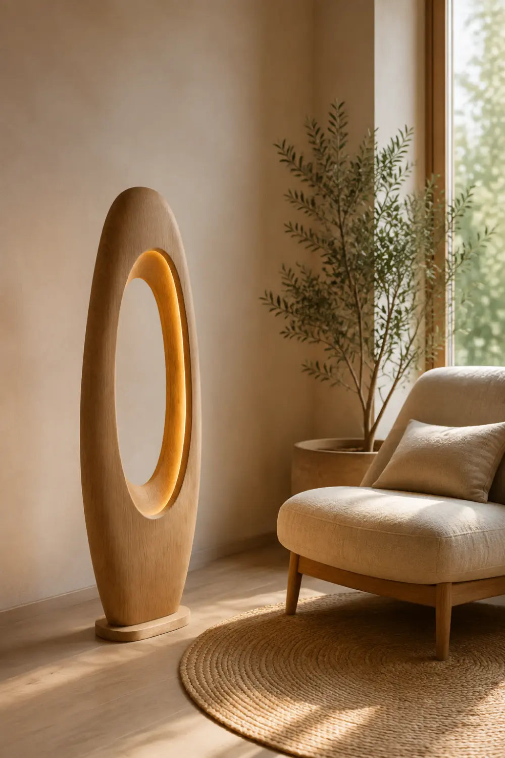 Modern Minimalist Wooden Floor Lamp With Abstract Oval Cutout For Living Room Decor