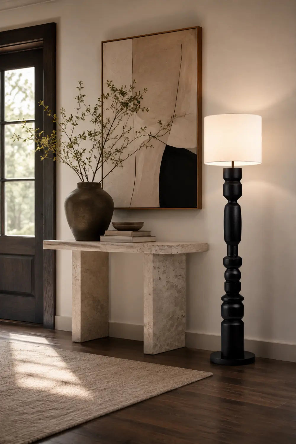 Sculptural Wooden Floor Lamp In Matte Black Finish With Abstract Form For Contemporary Homes