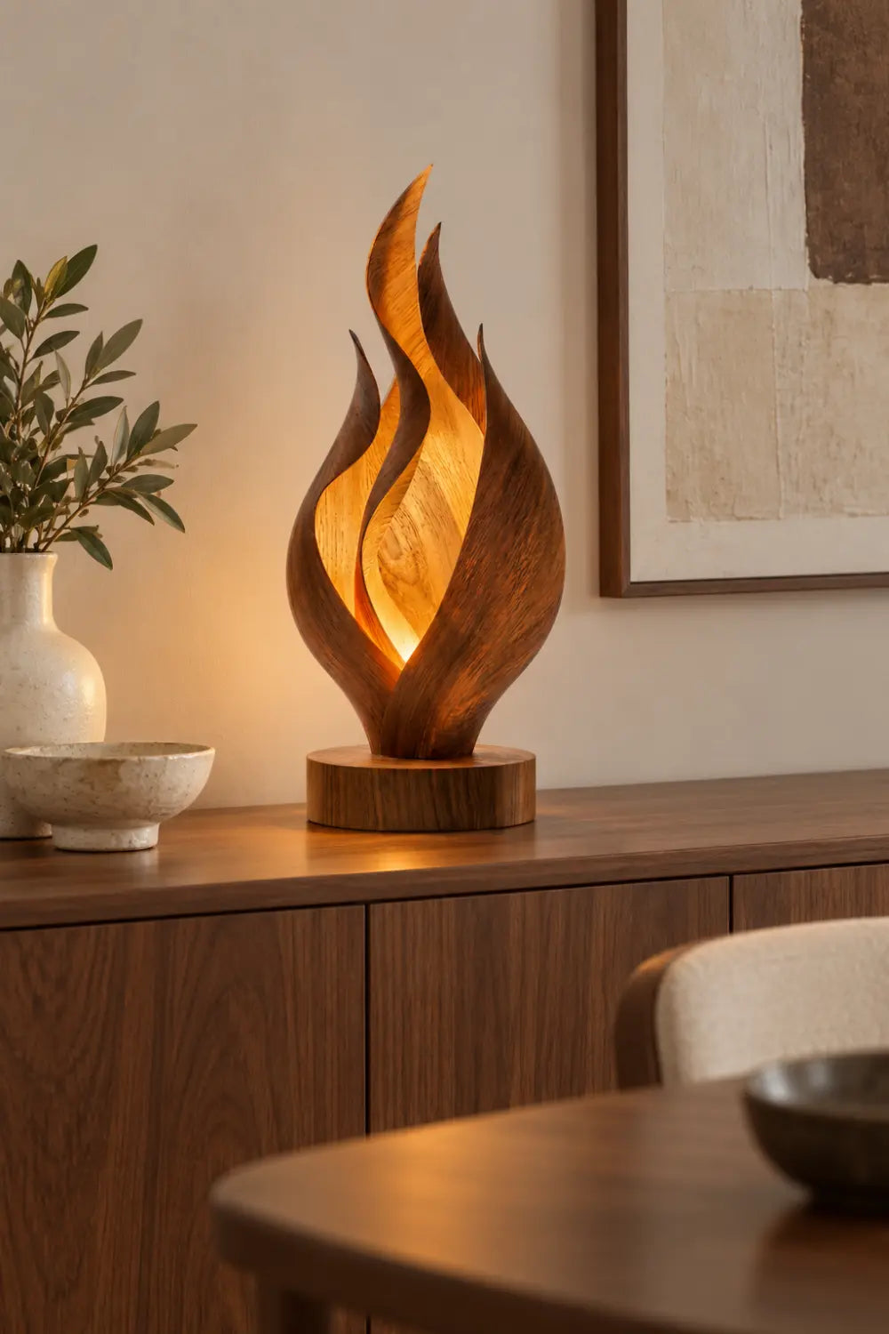Abstract Wooden Flame Table Lamp Hand Carved Walnut Desk Light For Modern Home Decor