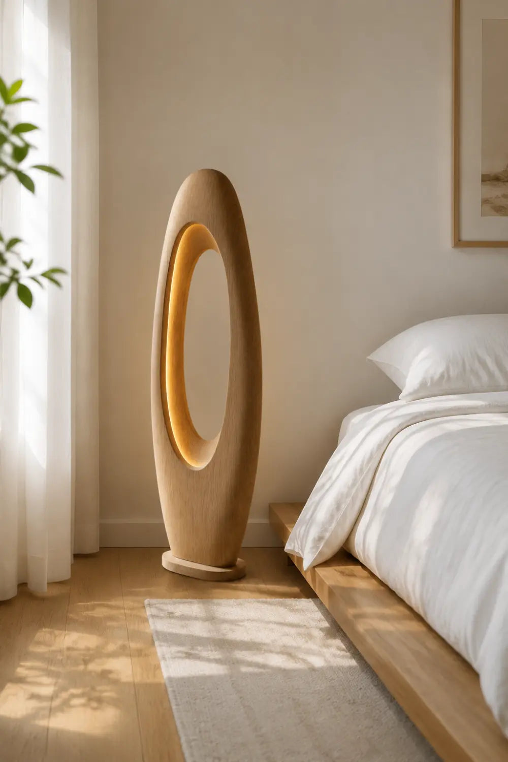 Modern Minimalist Wooden Floor Lamp With Abstract Oval Cutout For Living Room Decor