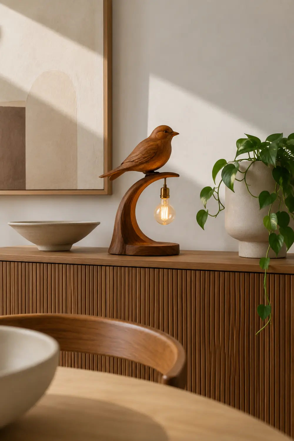 Hand Carved Walnut Bird Table Lamp Modern Organic Lighting Decor